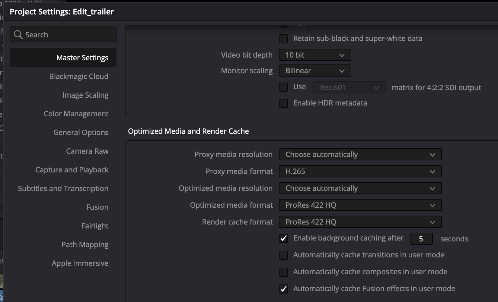 Project Settings — розділ Optimized Media and Render Cache