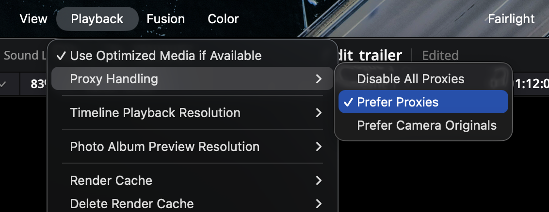 Меню Playback → Proxy Handling у DaVinci Resolve