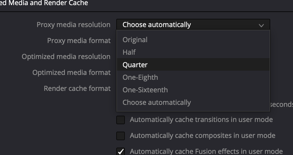 Випадаючий список Proxy media resolution: Original, Half, Quarter, One-Eighth, One-Sixteenth
