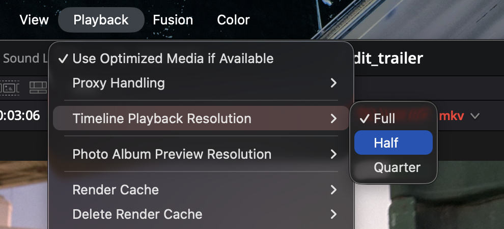 Меню Playback → Timeline Playback Resolution: Full, Half, Quarter